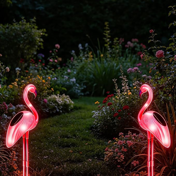 Flamingo Solar Lights Outdoor Decor, 2 Pack Waterproof Solar Powered Garden Pink Flamingos for Yard Decorations, Flamingo Gifts for Women Mom Grandma Walkway Pathway Patio Lawn Ornaments Outside