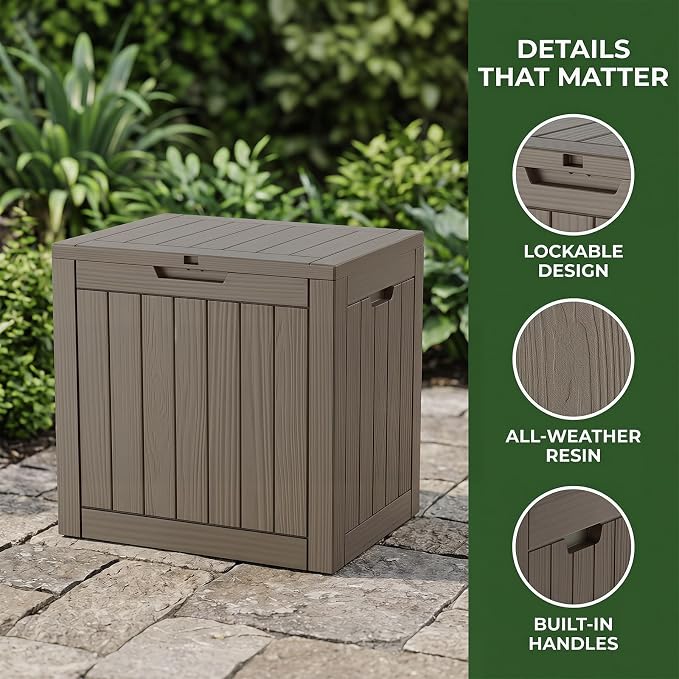 35 Gallon Deck Box Outdoor Waterproof, Resin Storage Box Outdoor Lockable, Multipurpose Outside Container for Patio Cushions, Garden Tools & Package Drop, UV & Fade Resistant, Brown