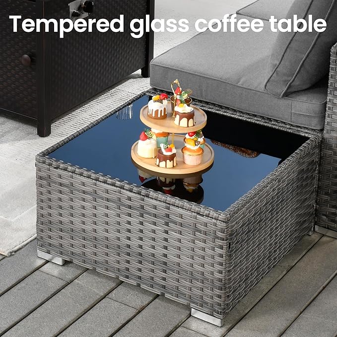 5 PCS Outdoor Patio Furniture Sets,Wicker Weather Resistant Patio Conversation Set with Comfy Cushions,Modular L Shaped Sofa with Coffee Table for Yard Backyard Porch Garden Poolside,Dark Grey