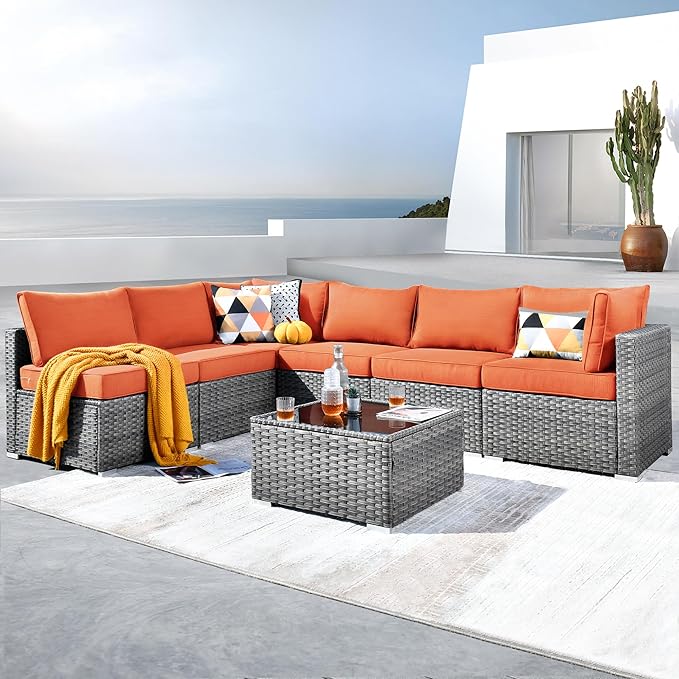 ovios Outdoor 7 Piece Coversation Set with Coffee Table,Sectional Patio Furniture Set with All-Weather Wicker Sofa,Modern Outside Couch for Balcony Backyard Pool, Orange