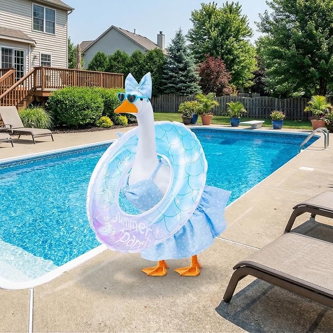 Bikini Porch Goose Outfits Fits 23" Goose Statue Summer Porch Goose Outfit with Sunglasses and Swim Ring Hawaiian Porch Goose Clothes Costume for Outdoor Garden Lawn Yard Decor(Blue Flower)