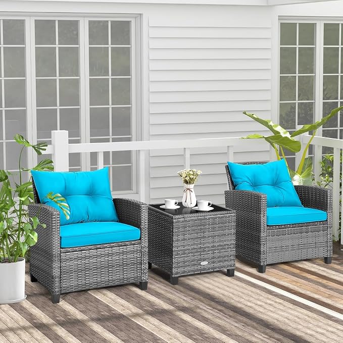LDAILY Patio Furniture Set, 3 Pieces PE Rattan Wicker Patio Sofa Chairs with Washable Cushion & Glass Table, Outdoor Furniture Conversation Sets for Porch, Balcony, Garden, Poolside (Turquoise)