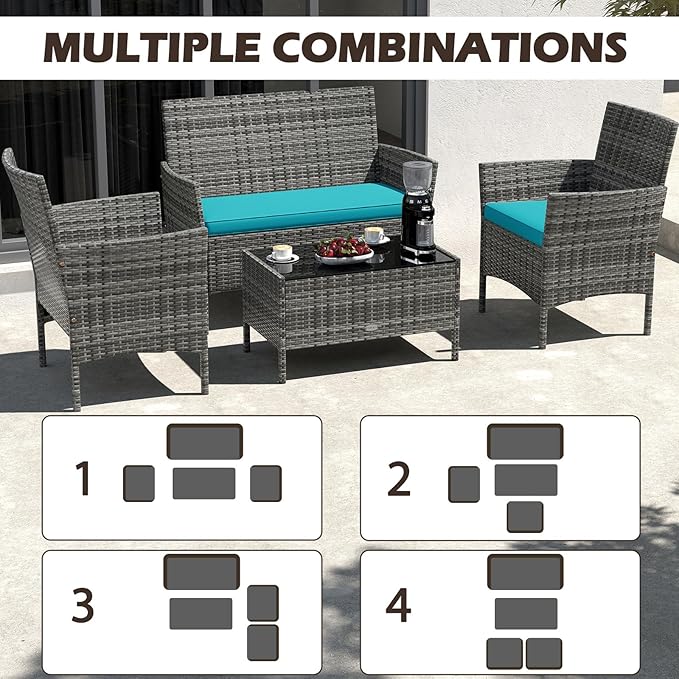 Tangkula 8 Pieces Patio Rattan Conversation Set, Outdoor Wicker Furniture Set with Cushioned Chair, Loveseat & Tempered Glass Table, Outside Sectional Sofa Set for Backyard (G-Turquoise,2)