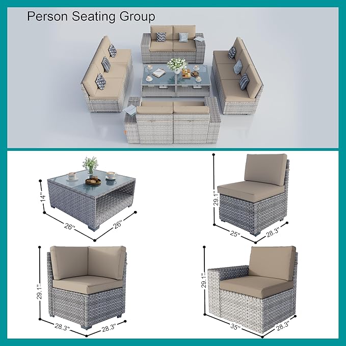 12-Piece Patio Furniture Set, Outdoor Extra Wide Armrest Modular Patio Sofa, Dual-Strand Rattan Wicker, Rust-Resistant Frame, Backyard High Back, Large Seat Furniture for Porch Garden Balcony, Khaki