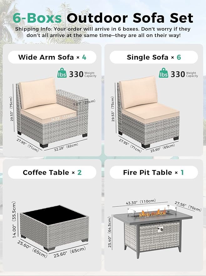 13 Piece Outdoor Wicker Rattan Sectional Sofa Set with 55,000 BTU Fire Pit Table, 10-Seats with 4" Thickened Cushions & Coffee Table, All-Weather PE Rattan for Garden, Backyard, Porch, Beige