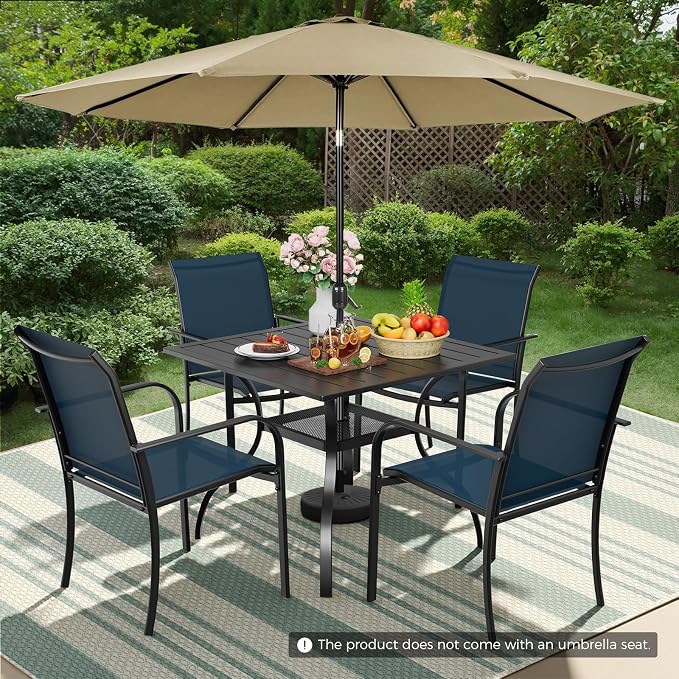 Incbruce 6 Pieces Patio Dining Set with Brown Umbrella, Outdoor Dining Set of 4 Textilene Chairs and Square Table with Umbrella Hole for Backyard, Garden, and Poolside (Blue)