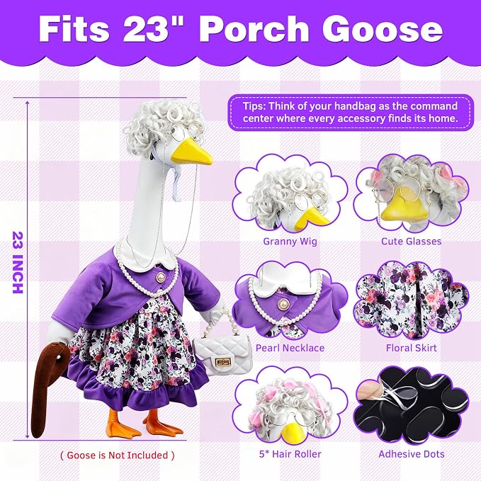 Old Lady Porch Goose Outfits for 23 inch Goose Statue, Grandma Porch Goose Clothes with Goose Wigs, Eyeglass, Pearl Necklace & Bag for Outdoor, Lawn, Yard, Patio, Garden Decor