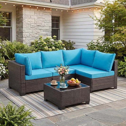 ANJ 5 Piece Outdoor Wicker Patio Furniture Set, Modular Loveseat Sofa with with Glass Top Coffee Table, All-Weather Rattan Conversation Couch Set for Balcony, Backyard, Dark Brown Wicker-Turquoise