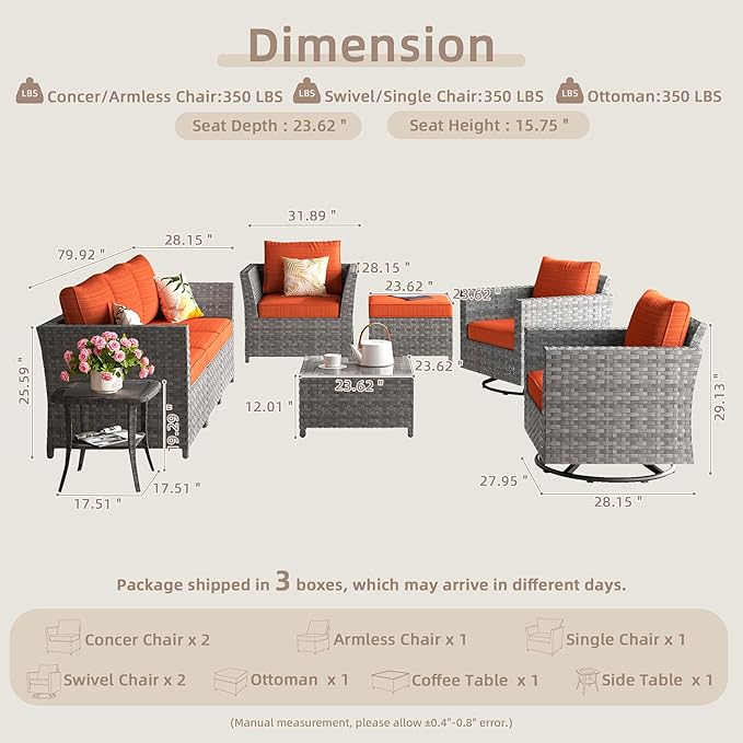 Fully Assembled & Spacious 9-Pc Outdoor Sofa Set, Patio Rattan Conversation Group with Rocking Chair and Tea Table