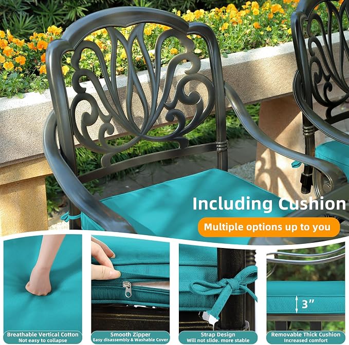 MEETWARM 7-Piece Outdoor Patio Dining Set, 6 Outdoor Dining Cushioned Chairs and 1 Rectangle Table with 2" Umbrella Hole, All Weather Cast Aluminum Patio Funiture Set for Backyard, Ocean Blue