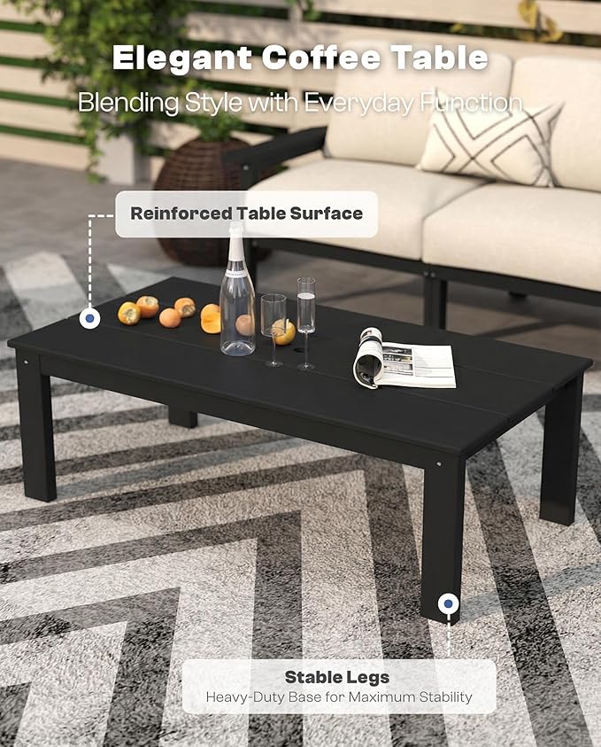 HDPE 7 Piece Patio Furniture Set, HDPE Outdoor Sectional with with Beige Thick Cushions, Coffee Table and Side Table, Patio Conversation Sets for Lawn, Garden, Porch (Black Frame)