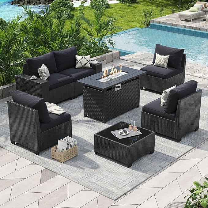 Aoxun Patio Furniture Set with 44'' Fire Pit Table, 7 Pcs Outdoor Patio Furniture Sets with 4in Thicken Cushion, Widen Armrests Wicker Outdoor Sectional for Backyard