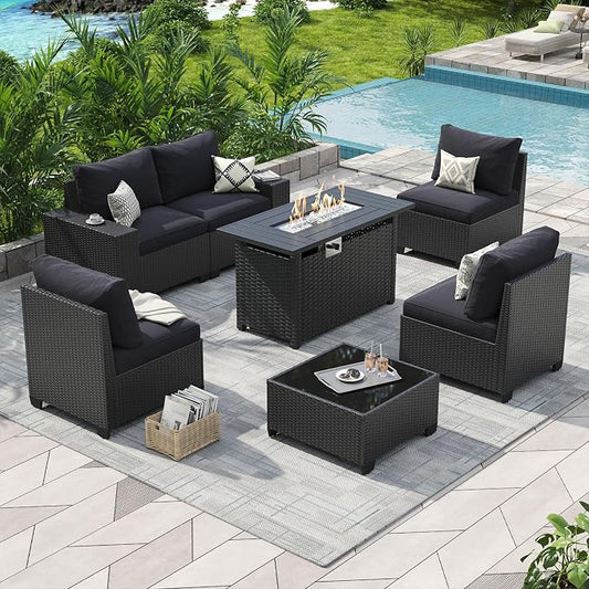 Aoxun Patio Furniture Set with 44'' Fire Pit Table, 7 Pcs Outdoor Patio Furniture Sets with 4in Thicken Cushion, Widen Armrests Wicker Outdoor Sectional for Backyard