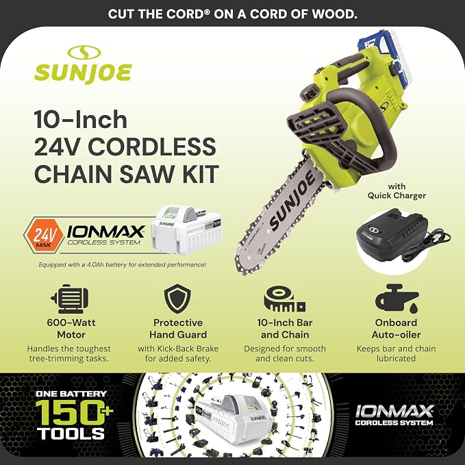 Sun Joe Cordless Chain Saw Machine, Battery and Charger, Wood Cutting Tool Kit, 10 Inch, 600W Motor - Heavy-Duty Trimming Equipment for Tree Trunks, Limbs, Logs, Brush, and Branches, 24V-10CS