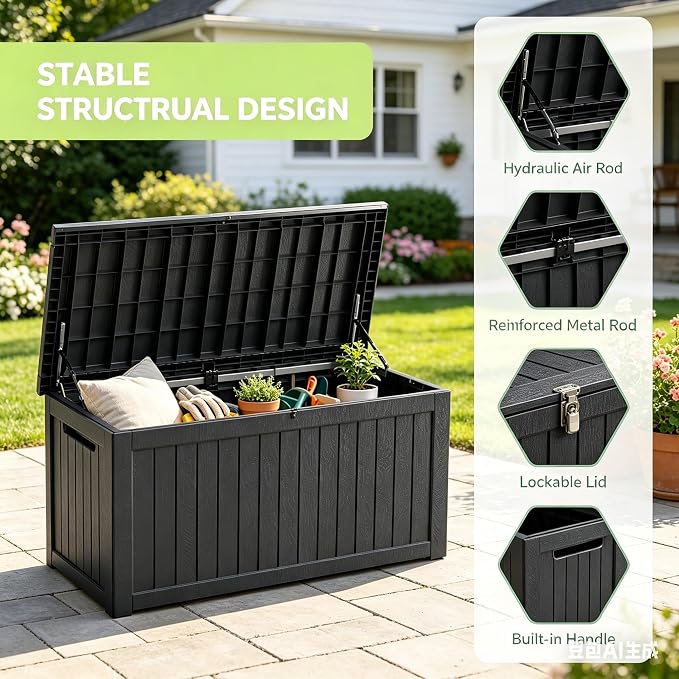 155 Gallon Outdoor Deck Storage Box, Large Waterproof Resin Patio Storage Box, Lockable Bench Seat Holds 2 Adults, for Garden Tools, Cushions & Pool Floats, UV & Rust Resistant, Black