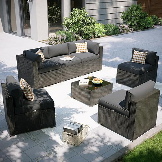 Aoxun Patio Furniture Set, 7 Piece Outdoor Sectional Sofas with Think Cushions, Wicker Rattan Outdoor Furniture Patio Conversation Set for Backyard, Garden Dark Grey