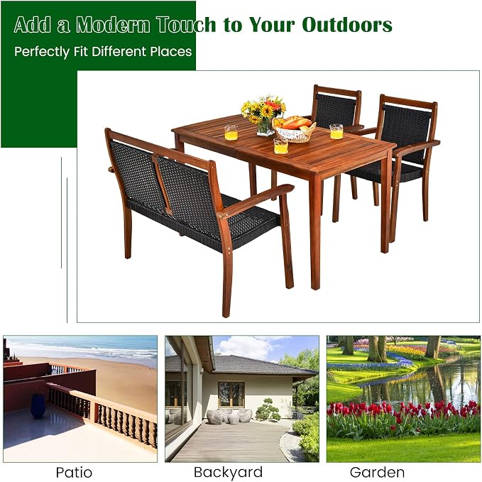 Tangkula 4 Pieces Patio Dining Set, Patiojoy Outdoor PE Rattan & Acacia Wood Dining Table Set with Umbrella Hole, Patio Armchairs and Rectangle Table Set for Garden, Backyard and Poolside