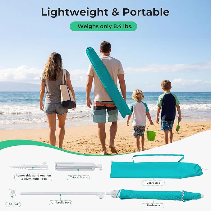 JEAREY 6.5ft Sun Shade Umbrellas, Portable Umbrella with Stand, Lightweight Sun Protection Free Standing Sport Umbrella for Outdoor Sports, Camping, Fishing, Patio, Beach, Peacock Blue