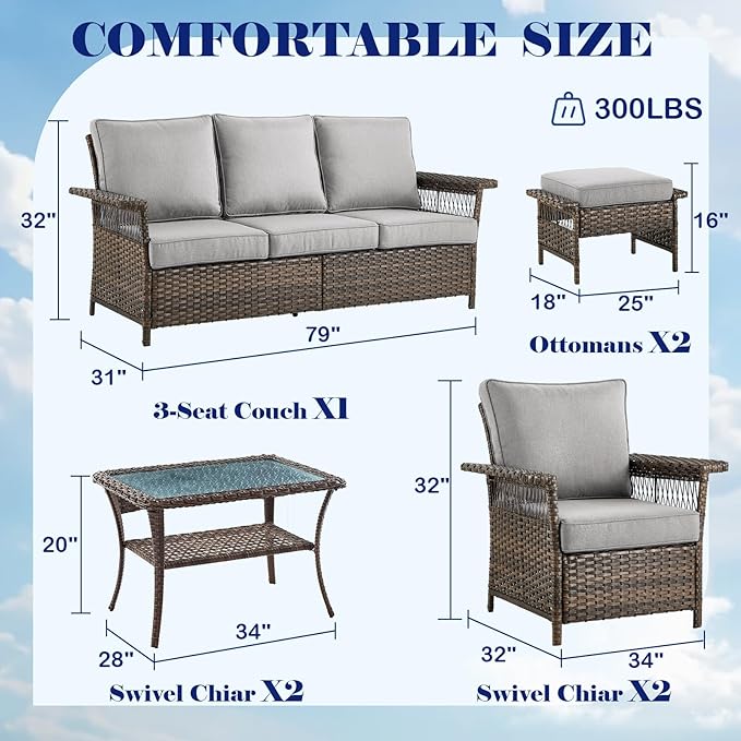 Outdoor Wicker Patio Furniture Set - 6 Piece Rattan Patio Conversation Sets with 2 Armrest Chairs,2 Ottomans,1 Sofa and 1 Coffee Table for Porch Deck Garden(Brown/Grey)