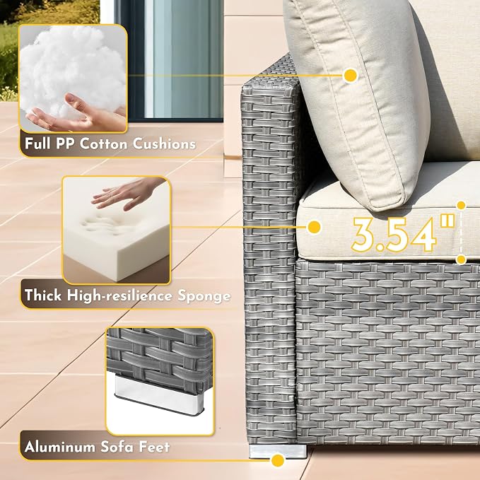 Weaxty 11 Piece Patio Furniture Set with Fire Pit Table, Outdoor Sectional Couch Swivel Rocker Patio Chairs with Coffee Table Wicker Conversation Sets for Balcony Backyard, Beige