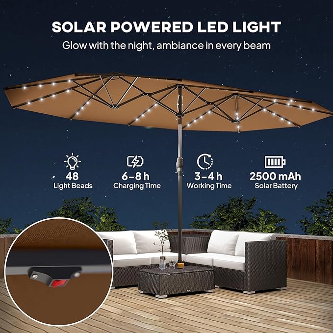 Outsunny 14.8ft Double Umbrella, Large Outdoor Patio Sun Shade with LED Solar Light for Garden