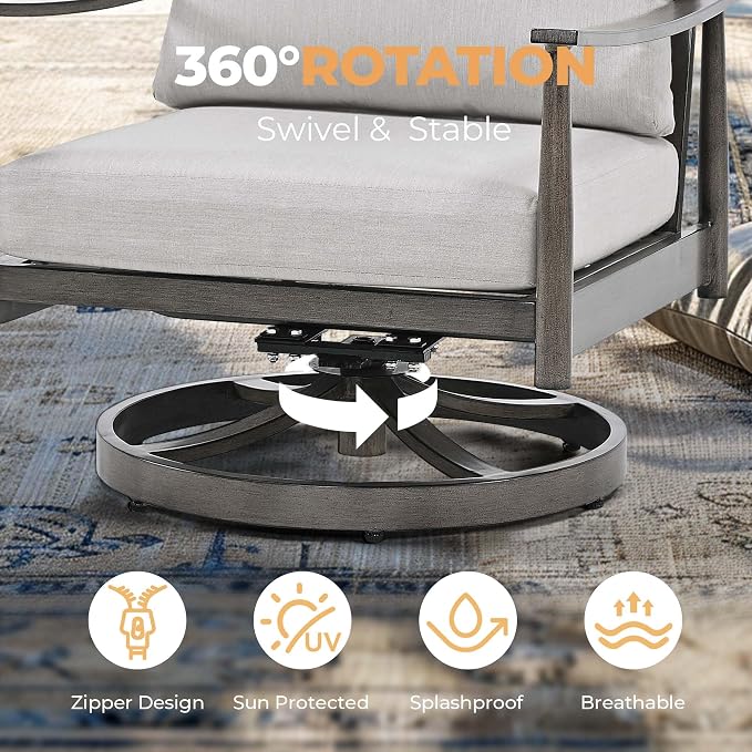 HAPPATIO Aluminum Outdoor Furniture Set - 5 Pieces Patio Furniture Set Includes 1 Side Table, 2 Swivel Chairs and 2 Ottomans with Thick Cushion, Patio Conversation Set for Backyard Poolside (Grey)