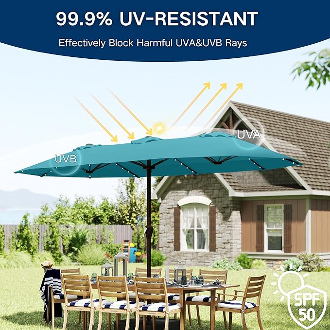 Large Patio Umbrella with Solar Lights and Base, Double-Sided Outdoor Rectangle Umbrella with 48 LED Lights, Market Table Umbrellas with UV Resistant Canopy