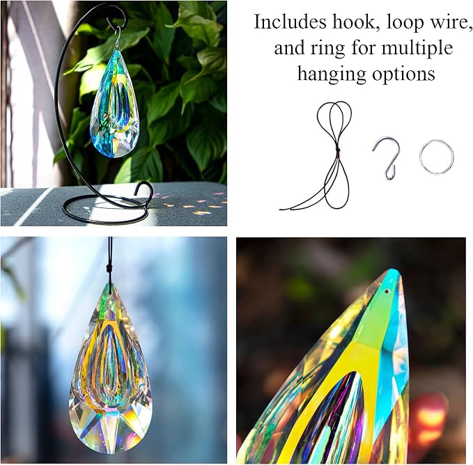 YU FENG 4.7 Inch Crystal Prism Suncatcher, Window Hanging Rainbow Maker | Large Faceted Crystal Pendant, Teardrop Crystal, Window Hanging Ornament, Bright Rainbow Effect, Garden Home Decoration