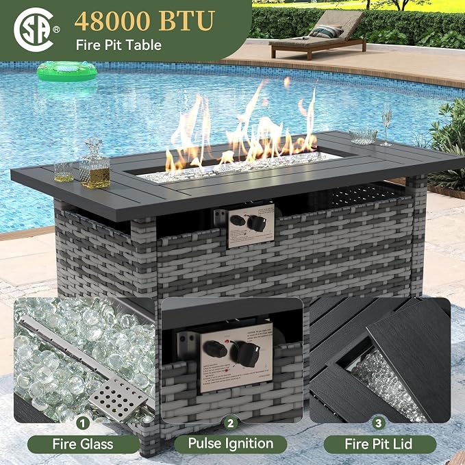 Aoxun 8 Piece Patio Furniture Set with 44” Fire Pit Table Wicker Rattan Outdoor Sectional Sofa Set with Coffee Table and Thickened Cushions, Black