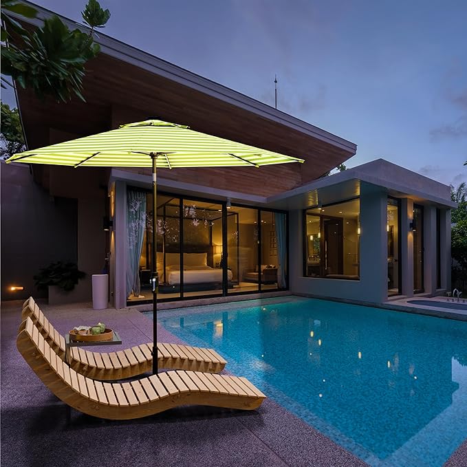 Midtown Umbrellas The LED Swilt 9 Feet Patio Umbrella With Terylast Pear Stripes (Green/White) Polyester Fabric - Auto-Tilt Aluminum Frame With LED Lights For Backyard, Deck, Garden, Pool - Black Pole