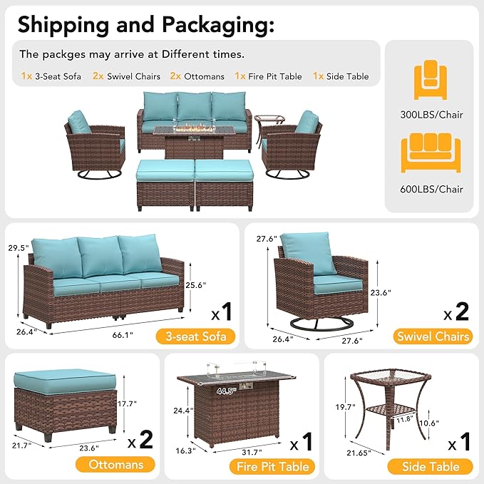 7 Pieces Patio Furniture Set with 44" Fire Pit Table, Outdoor Sectional Conversation Sets with Swivel Chair, Gas Fire Pit, Ottomans, Side Table, 4" Thick Cushion，for Backyard Garden Deck, Light Blue