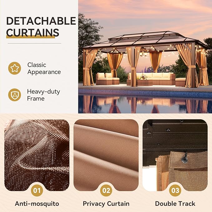 Aoxun 12'x20' Hardtop Gazebo, Outdoor Metal Gazebo with Double Polycarbonate Roof Canopy, Permanent Pavilion with Netting and Curtains for Lawn, Garden, Patio (Brown)