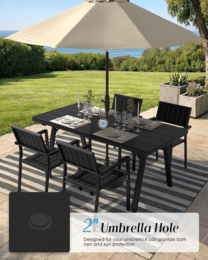 Ciokea Aluminum Outdoor Dining Sets for 4, Patio Table and Stackable Chairs Set with Umbrella Hole, All-Weather HDPS Durable Furniture for Backyard, Poolside, Lawn & Garden | 5-Piece, Black