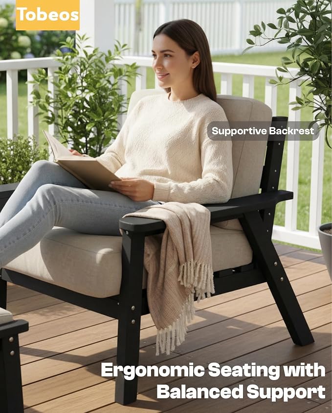 HDPE 5 Piece Patio Furniture Set, Outdoor Couch with Washable Thick Beige Cushions & Coffee Table, Outdoor Sectional Furniture for Backyard, Deck, Lawn, Porch (Black Frame)