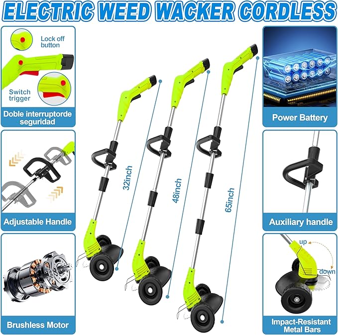 Aokia Electric Weed Wacker Cordless, 12V Battery Powered Weed Eater Cordless with Adjustable Pole (65inch), Lightweight Grass Trimmer Cutter/Mower with 2 Types Blade for Yard Lawn and Garden