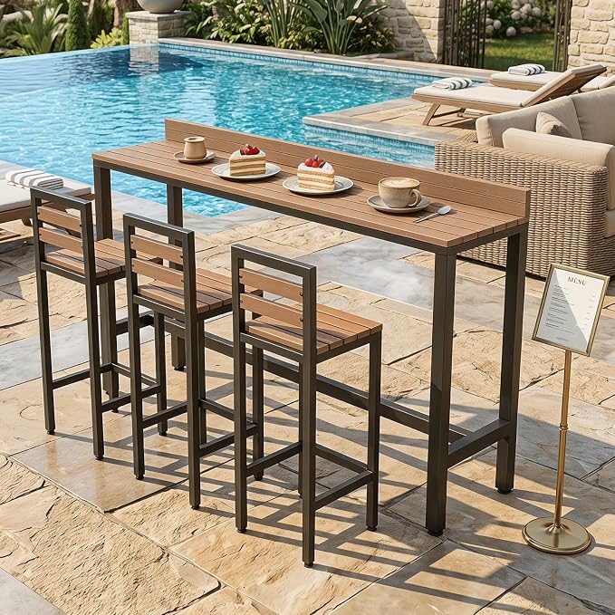 Outdoor Patio Bar Height Table with Baffle, Weather Resistant High Counter Table Porch Pub Tables Wood-Plastic Tabletop, for Poolside Garden Balcony Restaurant Cafe(Black,55.1"x15.7"x40.5")