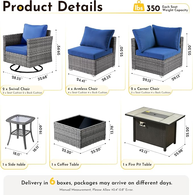 Weaxty 11 Piece Patio Furniture Set with Fire Pit Table, Outdoor Sectional Couch Swivel Rocker Patio Chairs with Coffee Table Wicker Conversation Sets for Balcony Backyard, Navy Blue