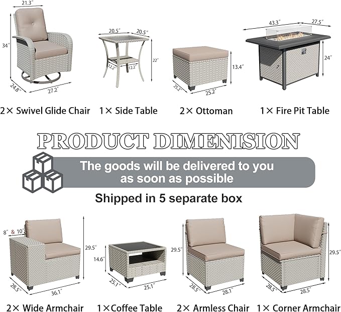 12-Piece Outdoor Patio Furniture Set with Fire Pit, Modular Sectional Sofa Set with Swivel Rocker Chairs & Ottomans, Wicker Outdoor Couch Conversation Sets w/Coffee Table and Cushions, Khaki