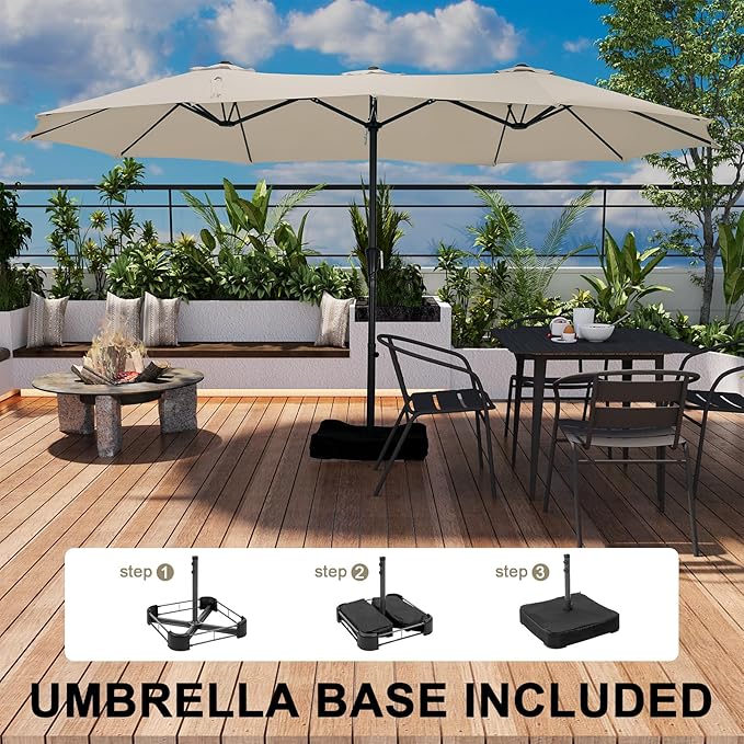 15 ft Patio Umbrella with Base, Large Rectangle Outdoor Umbrella with Matching Stand, Strap, Crank, Khaki