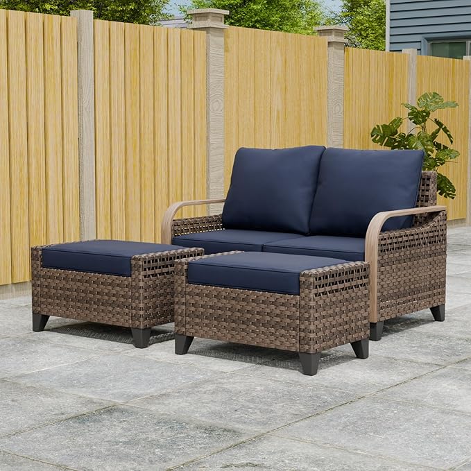 Modern Wicker Patio Furniture Set, Rattan Outdoor Conversation Set with Comfortable Cushions, 2 Seat Loveseat and 2 Ottomans, 3 Pieces, Brown/Blue