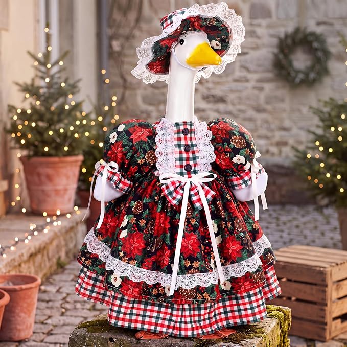 Suzile Christmas Tree Porch Goose Outfit Clothes for 23" High Cement or Plastic Goose Costume for Yard Lawn Outdoor Garden Patio Geese Statue Dresses Winter Xmas Santa Holiday Decor