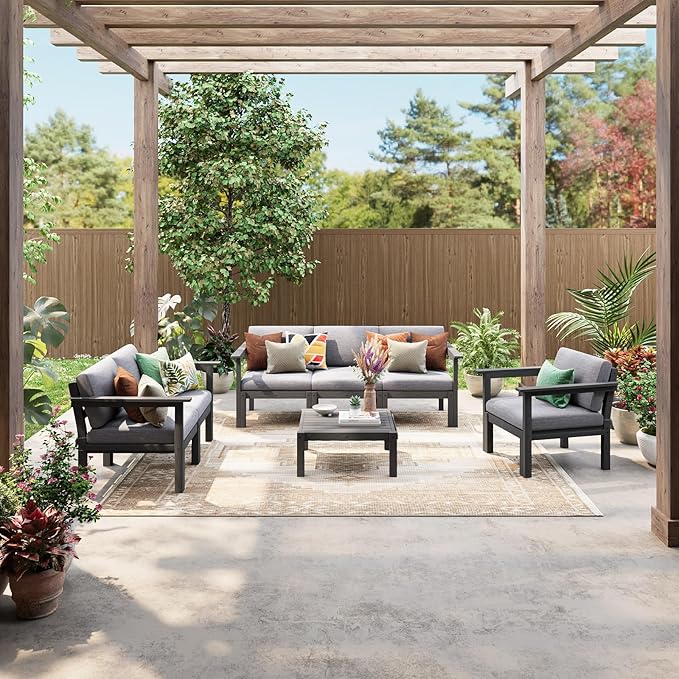 Stoog Patio Furniture Set, 6-Piece All-Weather Outdoor Sectional Sofa Set - Modular & Waterproof HIPS Frame, Quick-Dry Olefin Cushions, Grey