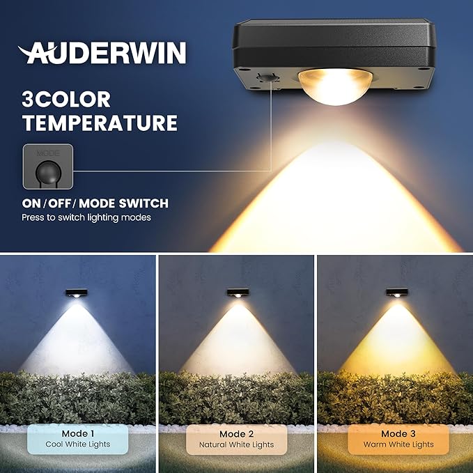 AUDERWIN Solar Fence Lights Outdoor Waterproof 12 Packs, Fence Lights Solar Powered, 3 Lighting Modes LED Lens Light for Wall, Backyard, Deck, Patio, Step, Stair, Porch, Pool Decor