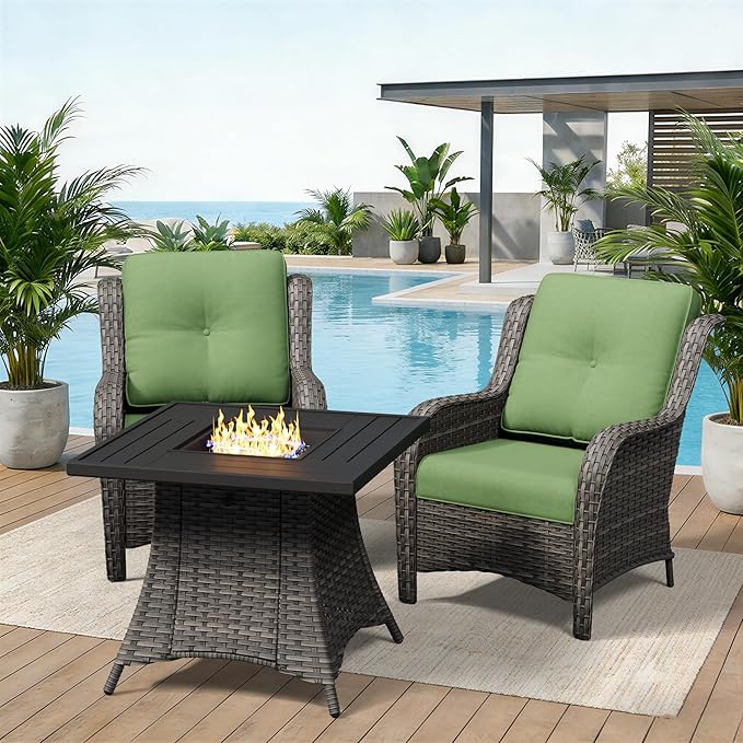 3 Pieces Outdoor Wicker Patio Furniture Set with Fire Pit Table, Patio Chair Set with Thickened Olefin Cushions, High Back and Deep Seating, Hand-Woven PE Rattan for Porch, Deck