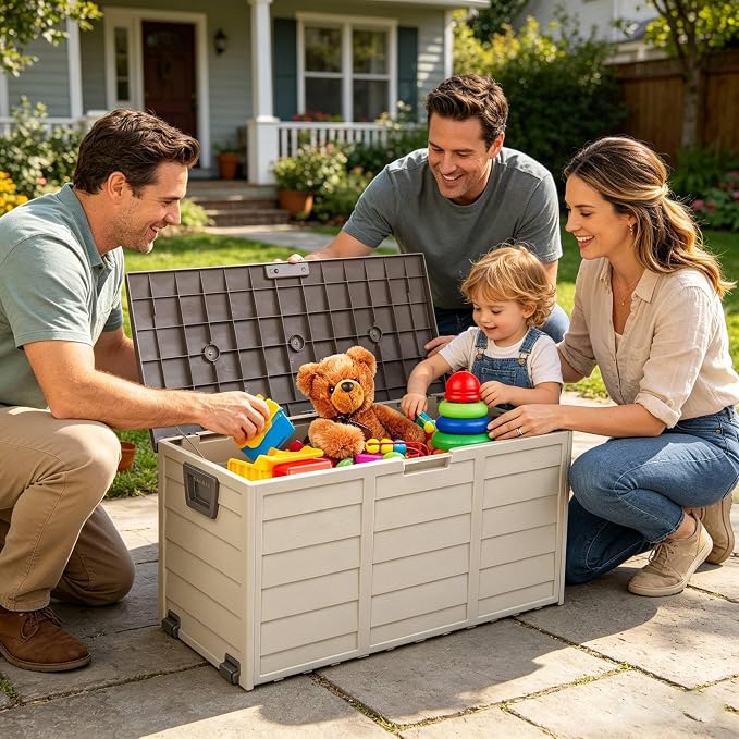 75 Gallon Large Outdoor Storage Box, Indoor and Outside Deck Box with Lockable Design Lids, Waterproof Resin Storage Containers Bin for Garden, Garage, Patio, Poolside, Toy Storage Brown