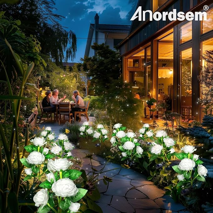 Anordsem Solar Garden Lights Outdoor: 20 Artificial Fabric White Roses Flowers 4 Pack- LED Flower Decorations for Cemetery Grave Pathway Yard- Valentine's Day Gifts for Women, Wife and Mother