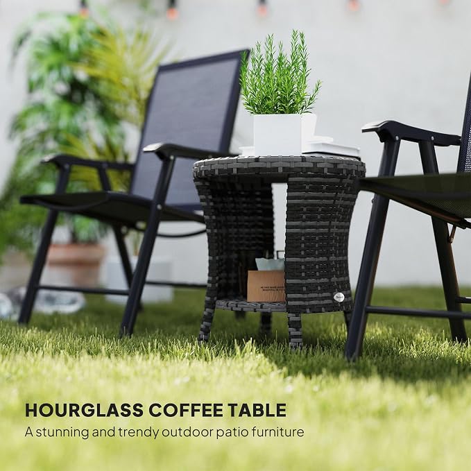 Outsunny 18" Outdoor Wicker Coffee Table, 2-Tier Patio Side Table with Storage, PE Rattan End Table with Composite Wood Top, Steel Frame for Garden Backyard Balcony, Gray