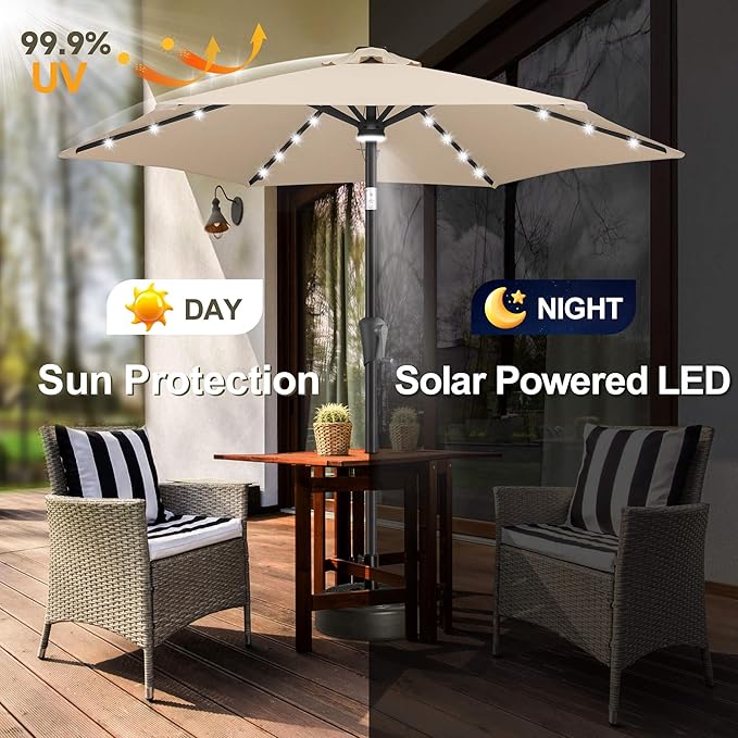 FLAME&SHADE 7.5 FT Solar Light Patio Umbrella, 24 LED Lights Outdoor Umbrella with Centre Surround Light, Table Umbrella Outdoor Patio for Deck, Pool, Backyard, Garden, UV Protection (Beige)