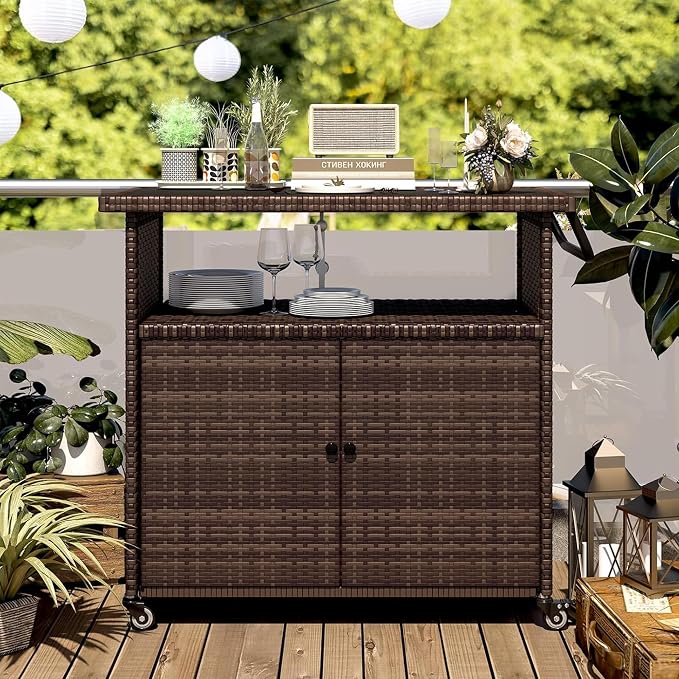 U-MAX Outdoor Grill Table with Storage Kitchen Island Prep Table Rattan Storage Cabinets Outdoor Grill Cart for Patio, Outside, Backyard, Bar, BBQ Serving Cart Cooking Grilling Station