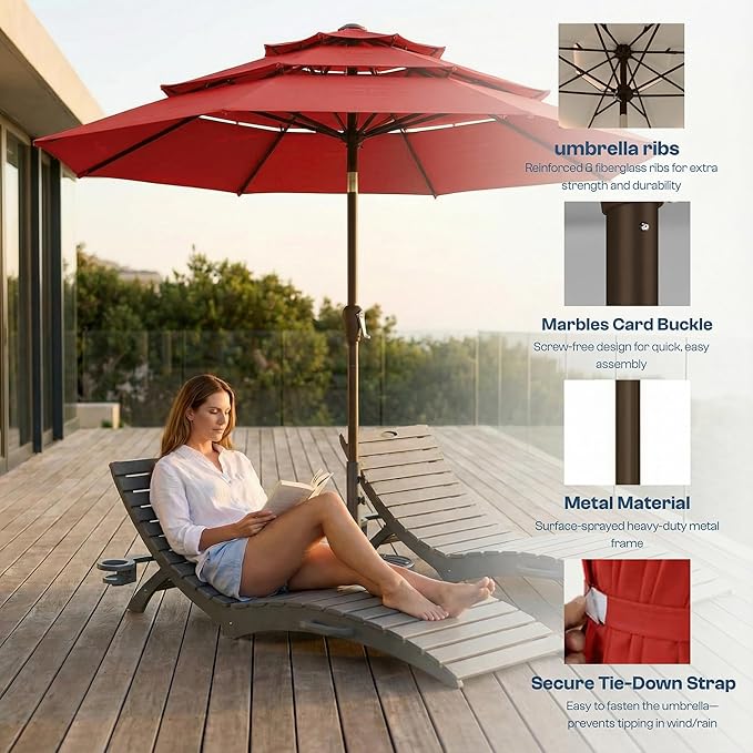 10ft Patio Umbrella, 3 Tier Outdoor Market Table Umbrellas with 8 Fiberglass Ribs and Push Button Tilt, Windproof, Vented Canopy, UV Protection for Deck, Pool, Backyard